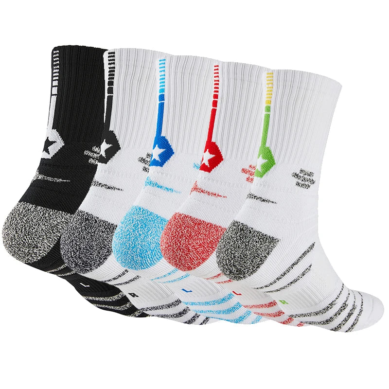 Cushioned Mens Basketball Socks Middle Length Moisture-Wicking Star Design Crew Socks with Ankle Support